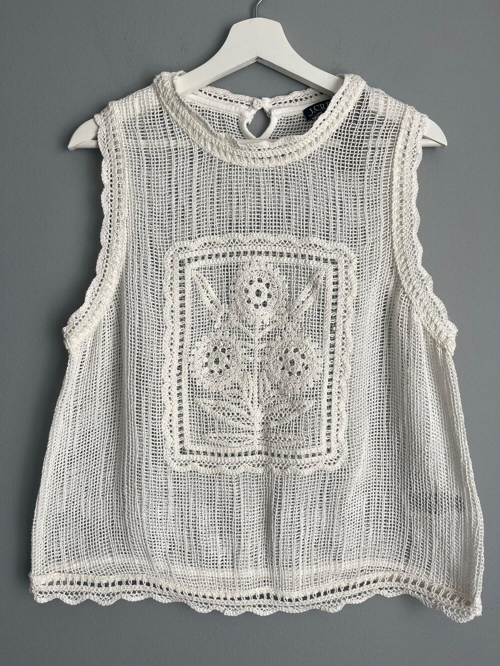J.Crew NWT $110 Boho Crochet Open-Knit White Sleeveless Tank Top Sz M Coastal
